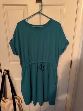 Teal Short-Sleeve Drawstring Waist Dress